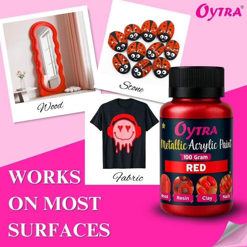 Oytra Metallic Colour Acrylic Paint Set 100 Grams Metal for DIY Art and Craft Shimmer Drop Color Glass Wood Wall Rock Car Steel Painting Drawings Canvas (Red) - Image 4