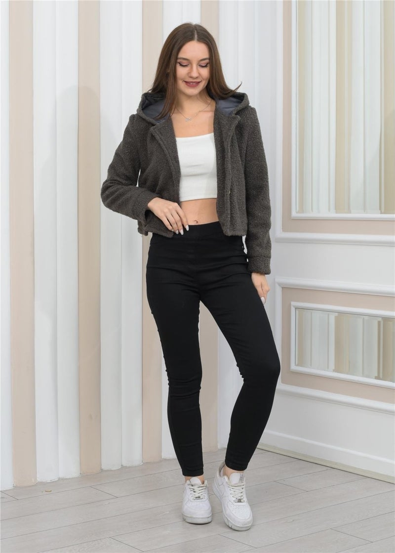 New Season Plush Curly Crop Hooded Coat Anthracite