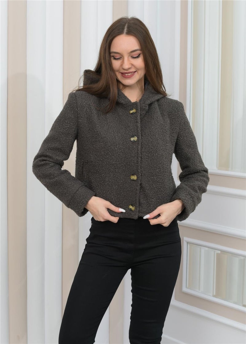 New Season Plush Curly Crop Hooded Coat Anthracite