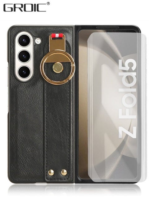 Case for Samsung Galaxy Z Fold5 5G 7.6 Inches with Adjustable Wrist Strap Kickstand, Ring and Long Strap, Built-in Screen Protector, Slim Shockproof Hybrid Rugged Protective Cover