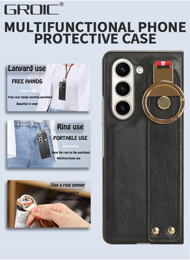 Case for Samsung Galaxy Z Fold5 5G 7.6 Inches with Adjustable Wrist Strap Kickstand, Ring and Long Strap, Built-in Screen Protector, Slim Shockproof Hybrid Rugged Protective Cover