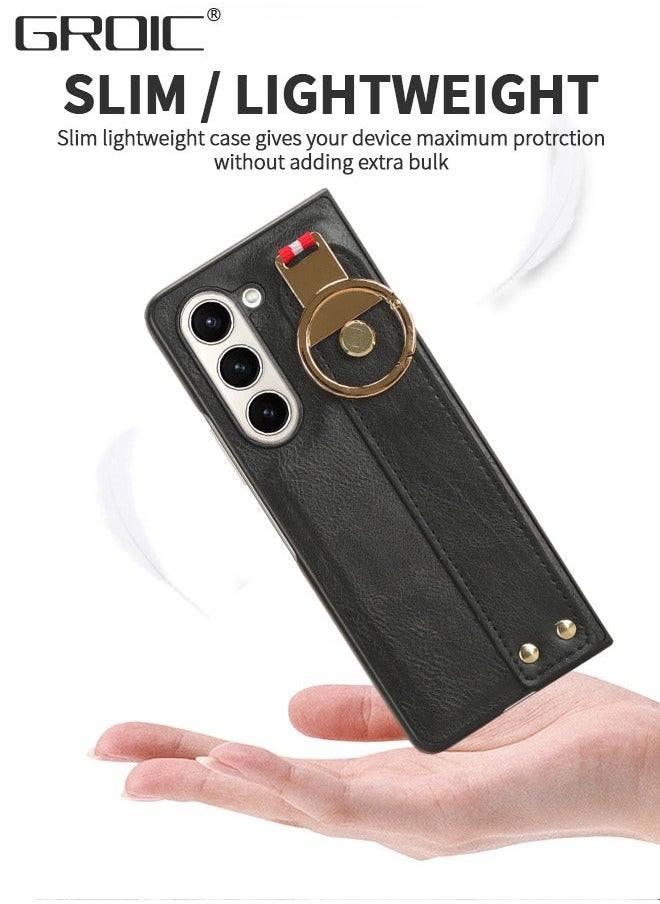Case for Samsung Galaxy Z Fold5 5G 7.6 Inches with Adjustable Wrist Strap Kickstand, Ring and Long Strap, Built-in Screen Protector, Slim Shockproof Hybrid Rugged Protective Cover