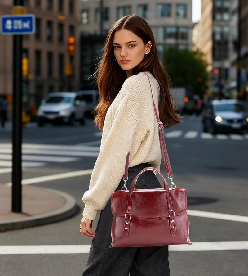 My Friday myfriday Chic PU Leather Work Tote Shoulder Bag for Women Casual Business Office Briefcase Handbag with Detachable Strap (Red) - Image 2
