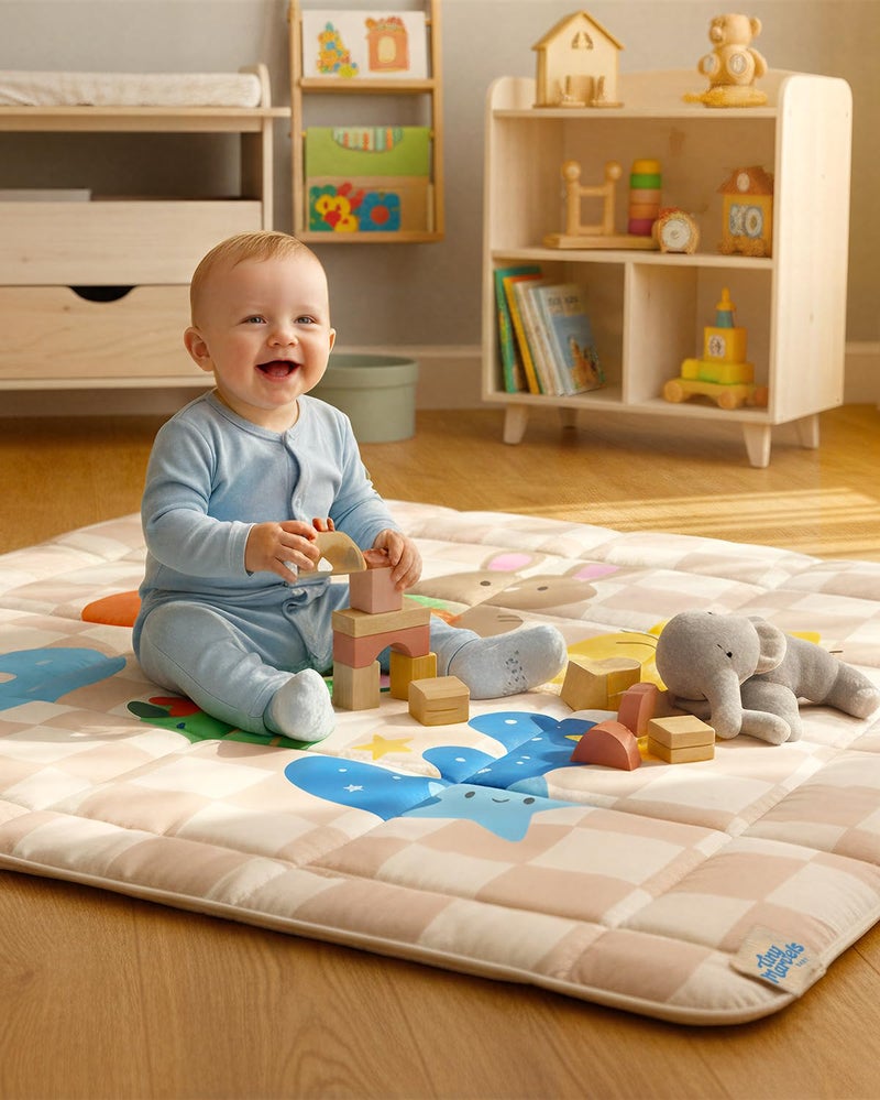 Tiny Marvels Baby Play Mat, Foldable Play Mats for Floor, 50x50 Inches Crawling Mat for Playpen with Anti-Slip Bottom, Machine Washable, Thicken Padding Foam Playmats for Babies and Toddlers (Sand Checks) - Image 1