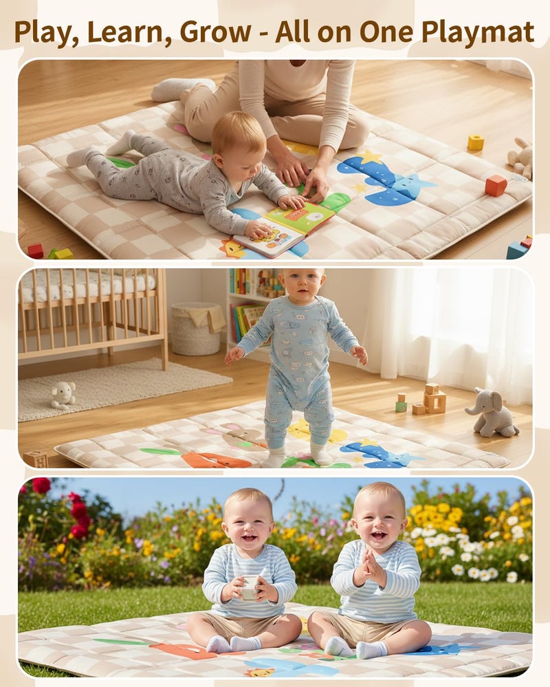 Tiny Marvels Baby Play Mat, Foldable Play Mats for Floor, 50x50 Inches Crawling Mat for Playpen with Anti-Slip Bottom, Machine Washable, Thicken Padding Foam Playmats for Babies and Toddlers (Sand Checks) - Image 2