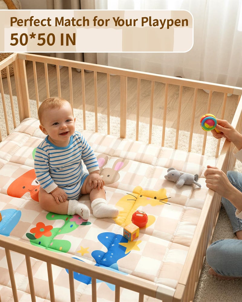 Tiny Marvels Baby Play Mat, Foldable Play Mats for Floor, 50x50 Inches Crawling Mat for Playpen with Anti-Slip Bottom, Machine Washable, Thicken Padding Foam Playmats for Babies and Toddlers (Sand Checks) - Image 4