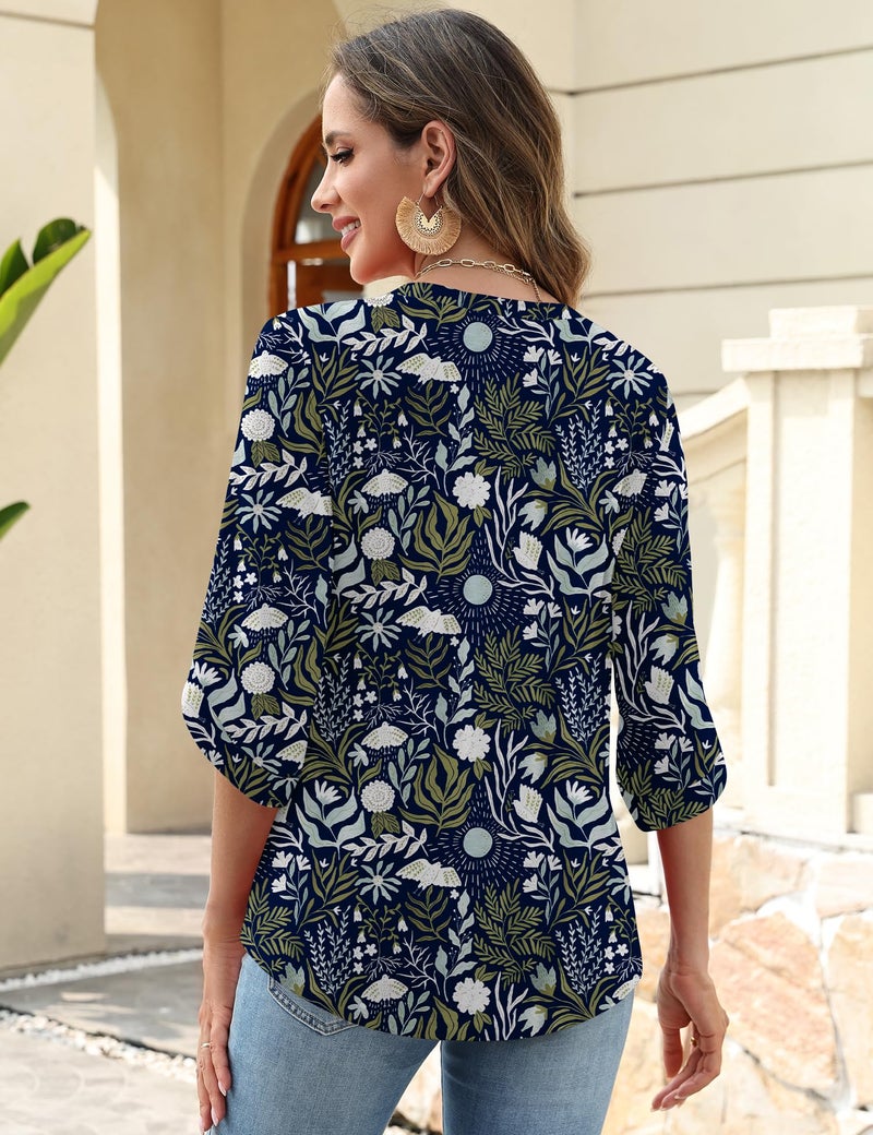 Kistore Tunic Tops for Women Plus Size V Neck Casual 3/4 Length Sleeve Relaxed Fit Shirts Spring Floral Clothing Blue XXL - Image 4