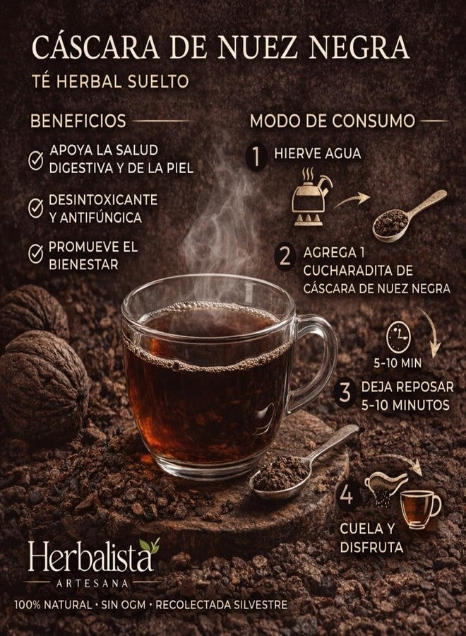 HERBALISTA شاي هيرباليستا العشبي السائب بقشر الجوز الأسود 114 غرام (4 أونصة) - كاسكارا دي نويز نيجرا - شاي أعشاب بري - لصحة الجهاز الهضمي والبشرة - خالٍ من الكافيين، غير معدل وراثيًا، وخالٍ من الإضافات - Image 5