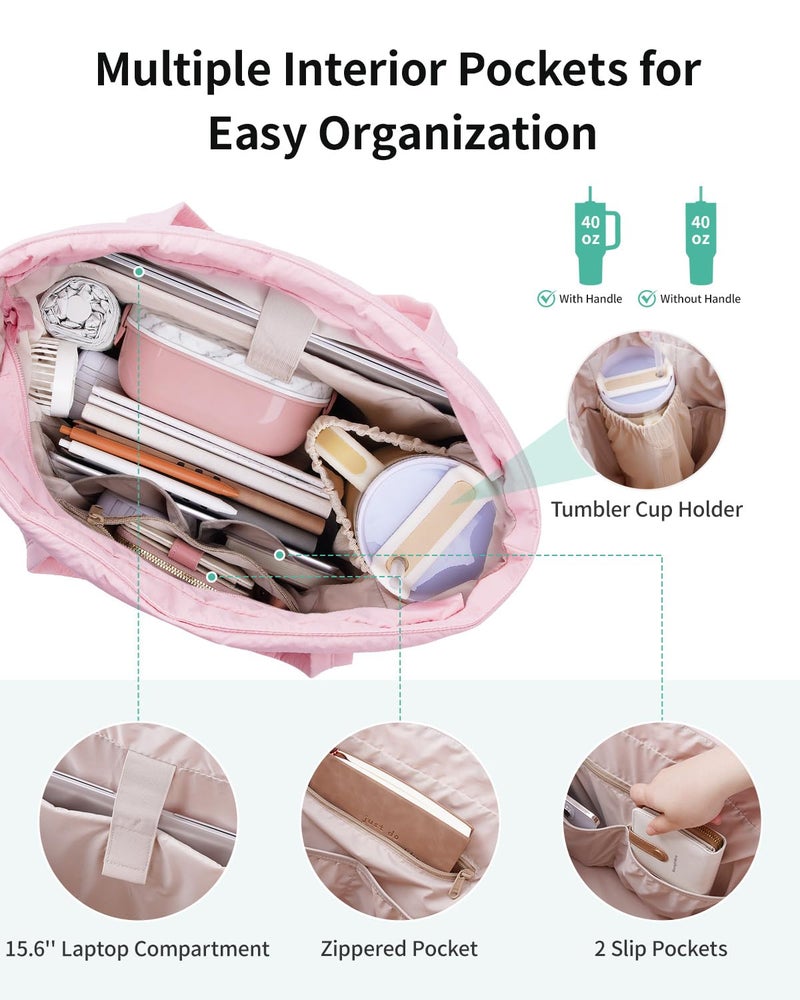 Narwey Puffer Work Tote Bag for Women, Puffy Nurse Teacher Bag with 15.6 Laptop Compartments, Quilted Shoulder Bag for Travel, College, Gym, School, Gifts for Women Girls (Pink) - Image 4