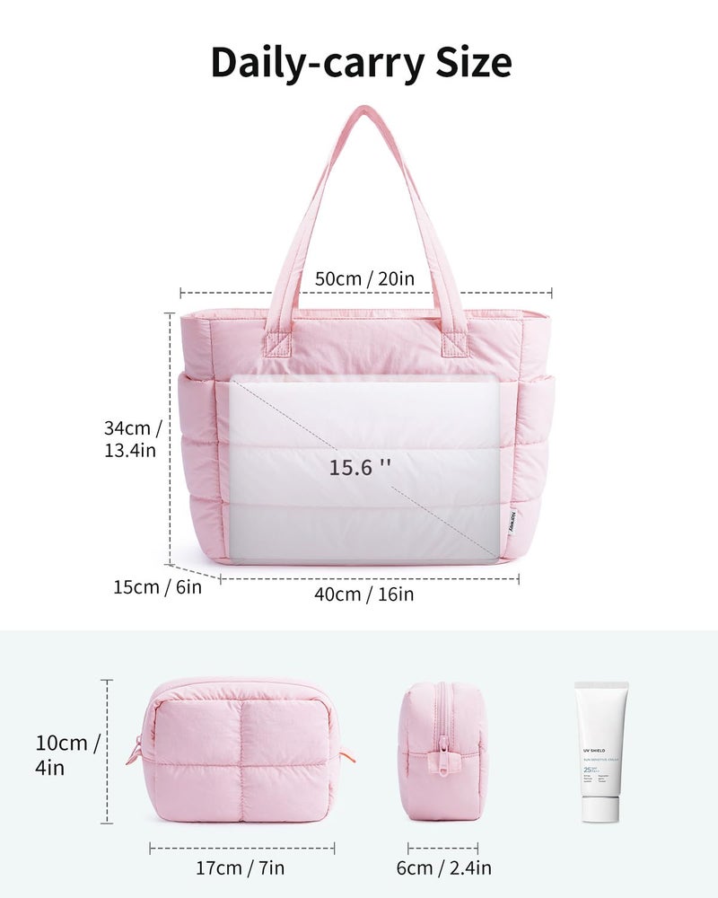 Narwey Puffer Work Tote Bag for Women, Puffy Nurse Teacher Bag with 15.6 Laptop Compartments, Quilted Shoulder Bag for Travel, College, Gym, School, Gifts for Women Girls (Pink) - Image 5