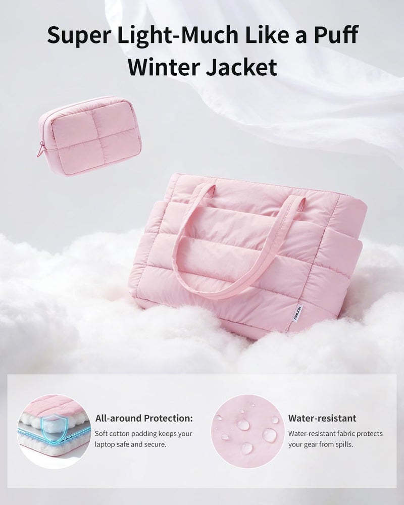Narwey Puffer Work Tote Bag for Women, Puffy Nurse Teacher Bag with 15.6 Laptop Compartments, Quilted Shoulder Bag for Travel, College, Gym, School, Gifts for Women Girls (Pink) - Image 3