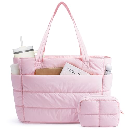 Narwey Puffer Work Tote Bag for Women, Puffy Nurse Teacher Bag with 15.6 Laptop Compartments, Quilted Shoulder Bag for Travel, College, Gym, School, Gifts for Women Girls (Pink) - Image 1
