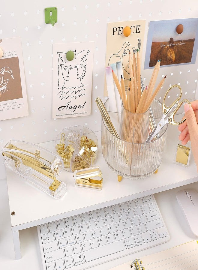 SKYDUE Gold Office Supplies Set, Pencil Holder for Desk,Gel Pen, Stapler, Tape Dispenser, Scissors,Clips and 1000pcs Staples, Office Decor for Women, Gold Desk Accessories - Image 2