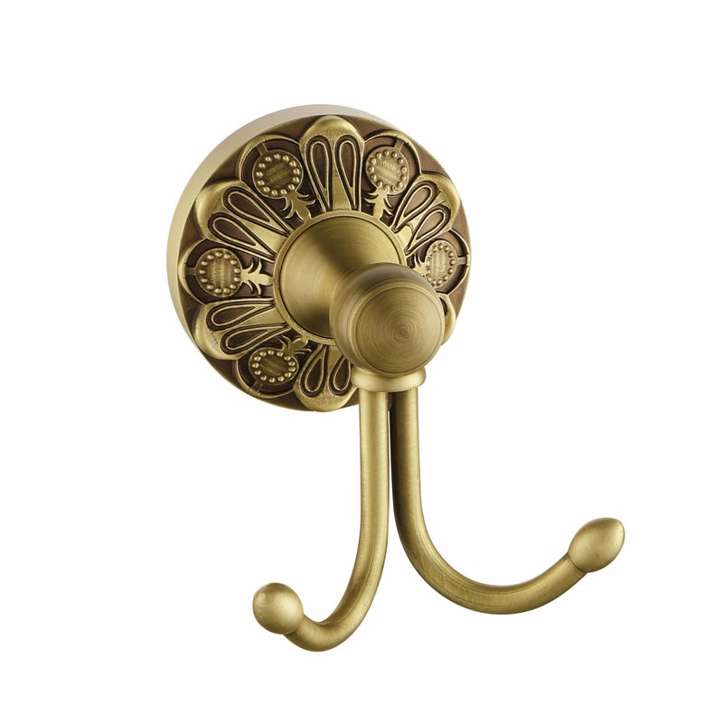 Lucyound Antique Brass Towel Hook, Wall Mounted Bathroom Hook for Clothing & Robe Hanger, Screws Install Shower Wall Hook, Vintage Gold Brass Petal-Relief Series Longhorn Double Hook - Image 1