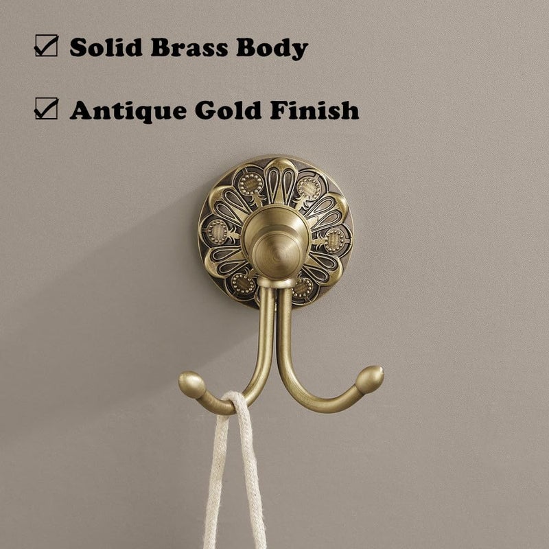 Lucyound Antique Brass Towel Hook, Wall Mounted Bathroom Hook for Clothing & Robe Hanger, Screws Install Shower Wall Hook, Vintage Gold Brass Petal-Relief Series Longhorn Double Hook - Image 2