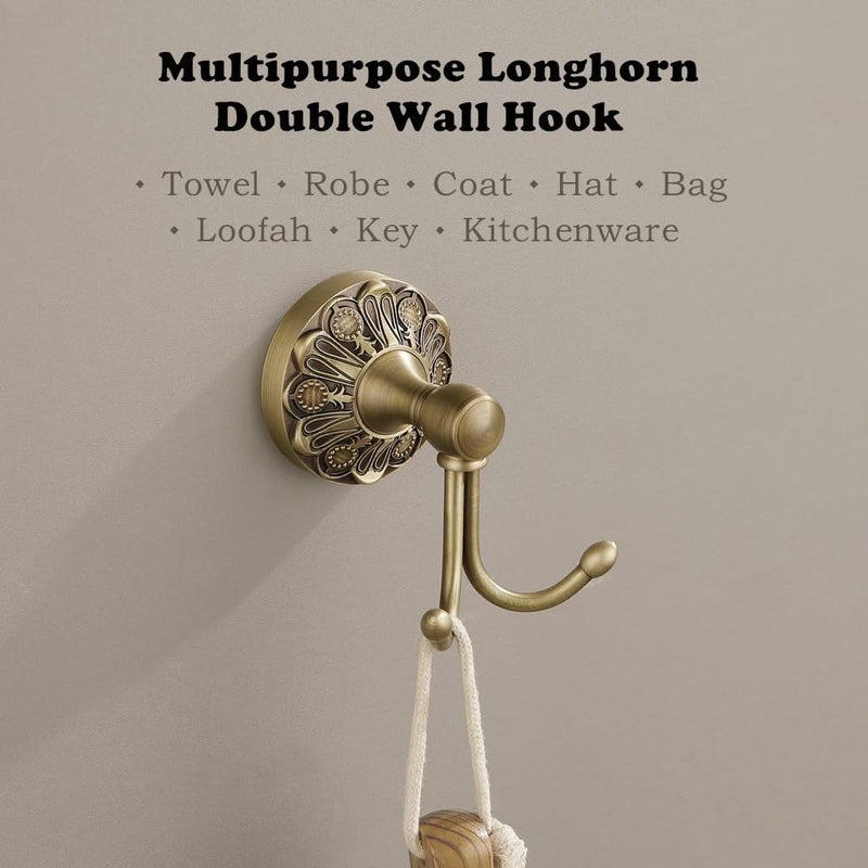 Lucyound Antique Brass Towel Hook, Wall Mounted Bathroom Hook for Clothing & Robe Hanger, Screws Install Shower Wall Hook, Vintage Gold Brass Petal-Relief Series Longhorn Double Hook - Image 3