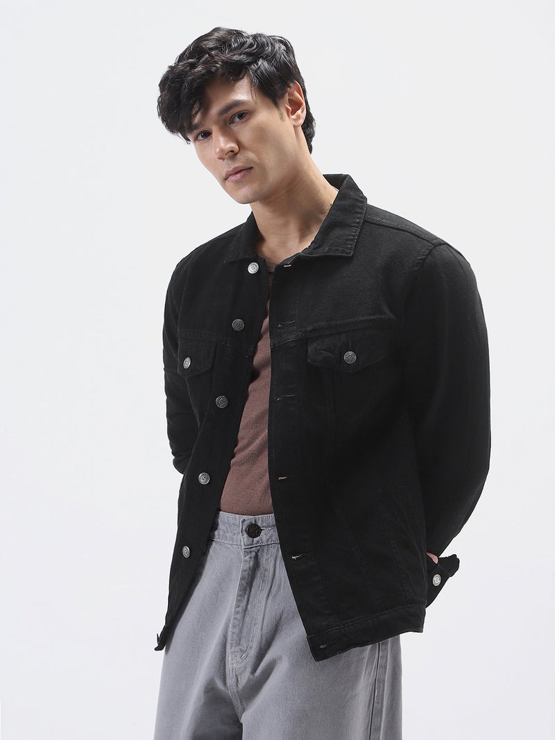 Urbano Fashion Men's Black Solid Regular Fit Washed Full Sleeve Denim Jacket - Image 3