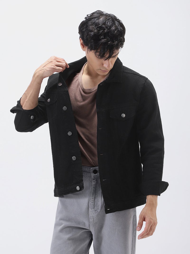 Urbano Fashion Men's Black Solid Regular Fit Washed Full Sleeve Denim Jacket - Image 1