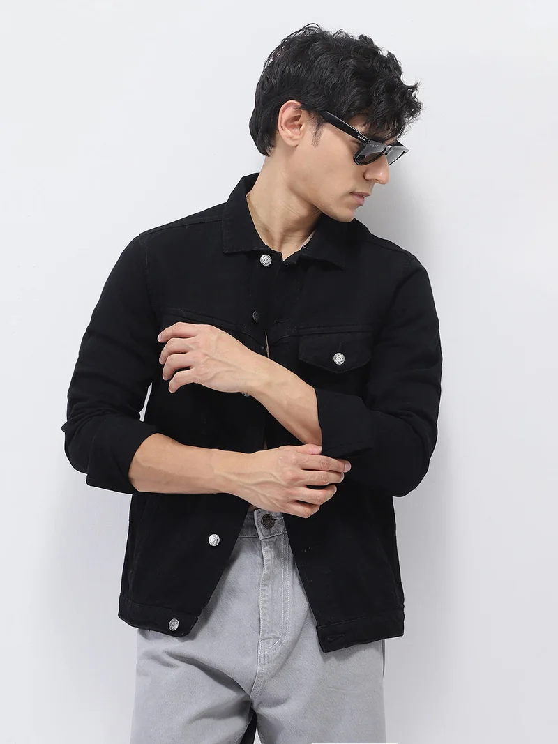 Urbano Fashion Urbano Fashion Men's Black Solid Regular Fit Washed Full Sleeve Denim Jacket