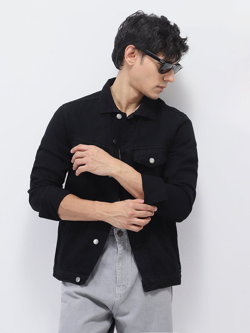 Urbano Fashion Men's Black Solid Regular Fit Washed Full Sleeve Denim Jacket - Image 2