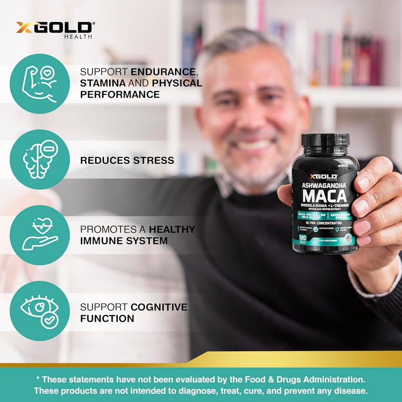 X Gold Health Ashwagandha 5000mg  Maca Root Black Red Yellow 4000mg Rhodiola  LTheanine 301 Extract Ashwagandha Capsules 201 Extract Maca Root Capsules  Supplement for Men and Women - Image 4