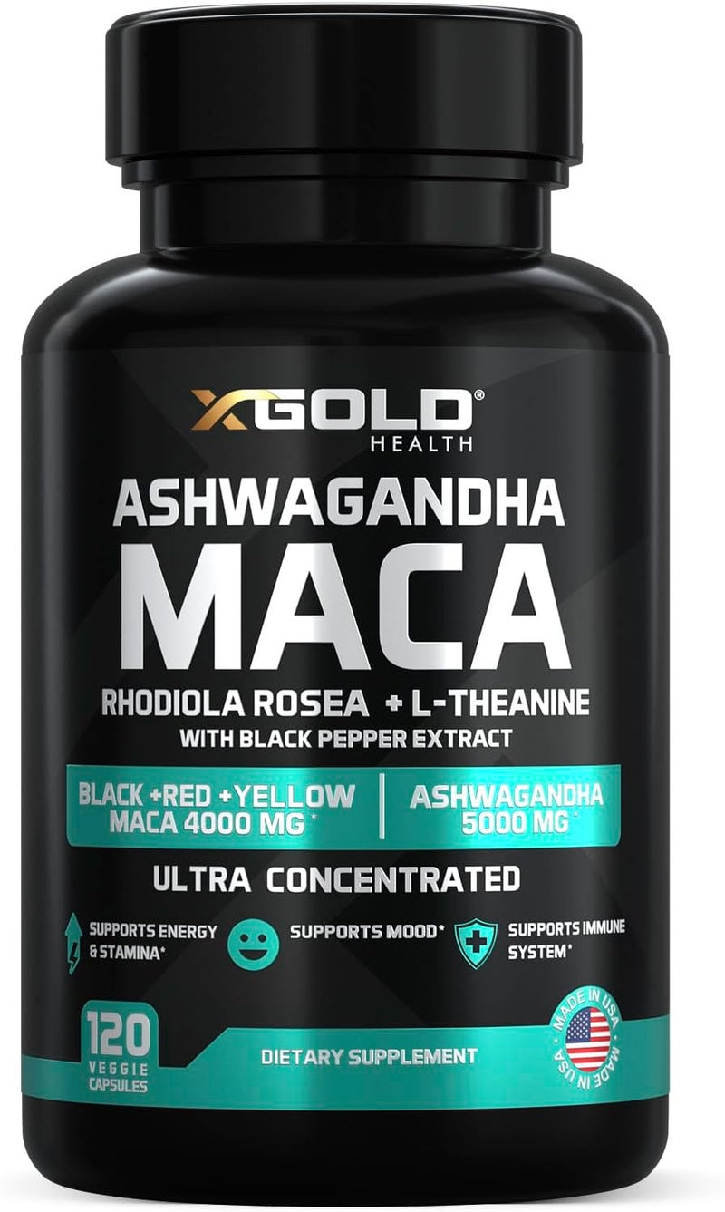 X Gold Health Ashwagandha 5000mg  Maca Root Black Red Yellow 4000mg Rhodiola  LTheanine 301 Extract Ashwagandha Capsules 201 Extract Maca Root Capsules  Supplement for Men and Women - Image 1