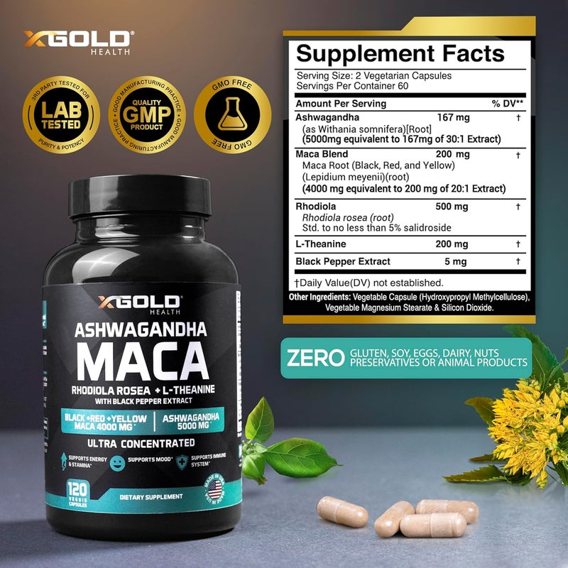 X Gold Health Ashwagandha 5000mg  Maca Root Black Red Yellow 4000mg Rhodiola  LTheanine 301 Extract Ashwagandha Capsules 201 Extract Maca Root Capsules  Supplement for Men and Women - Image 3
