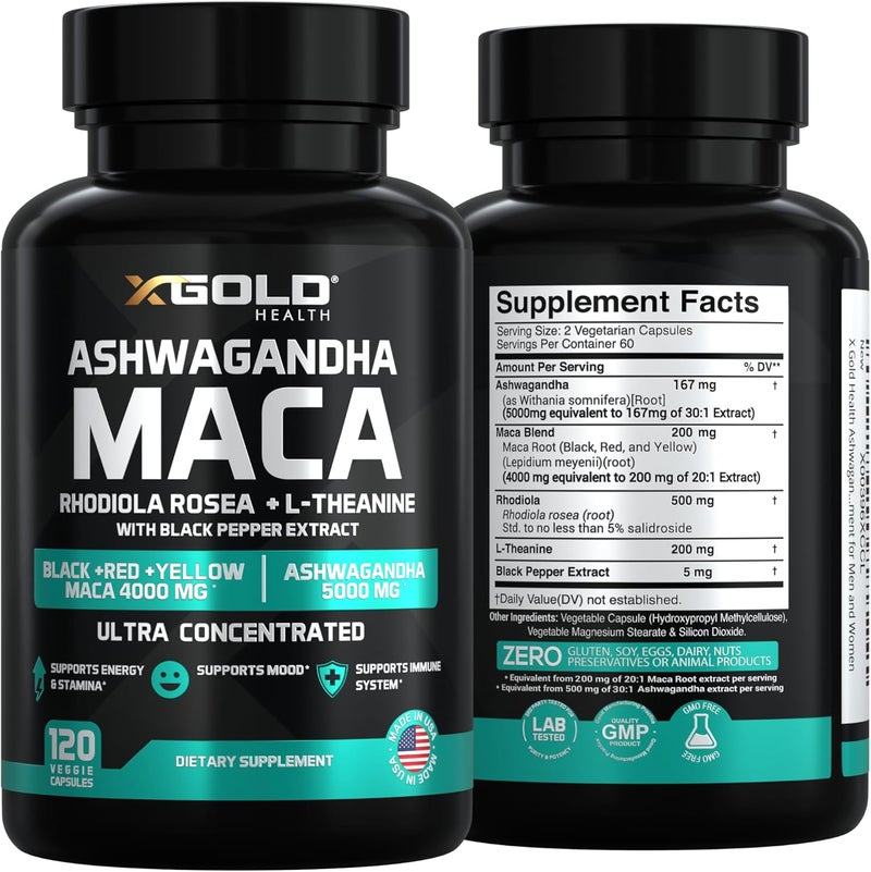 X Gold Health Ashwagandha 5000mg  Maca Root Black Red Yellow 4000mg Rhodiola  LTheanine 301 Extract Ashwagandha Capsules 201 Extract Maca Root Capsules  Supplement for Men and Women - Image 2