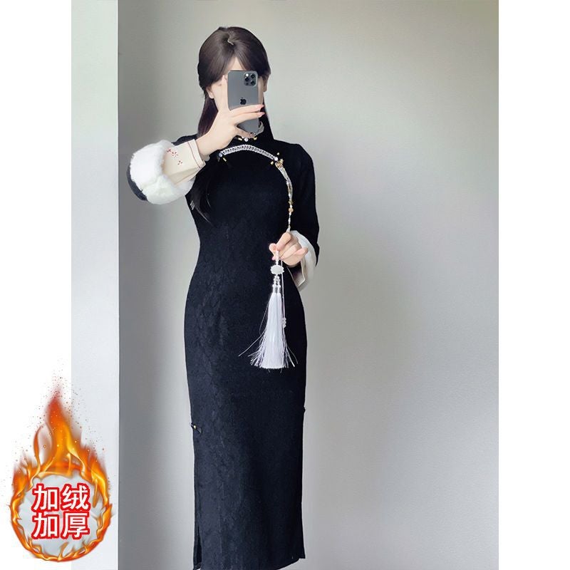 Republic Of China Style Retro New Chinese Cheongsam Improved Super Fairy Daily Wear Fake Two-Piece Velvet Thickened 2023 - Image 1