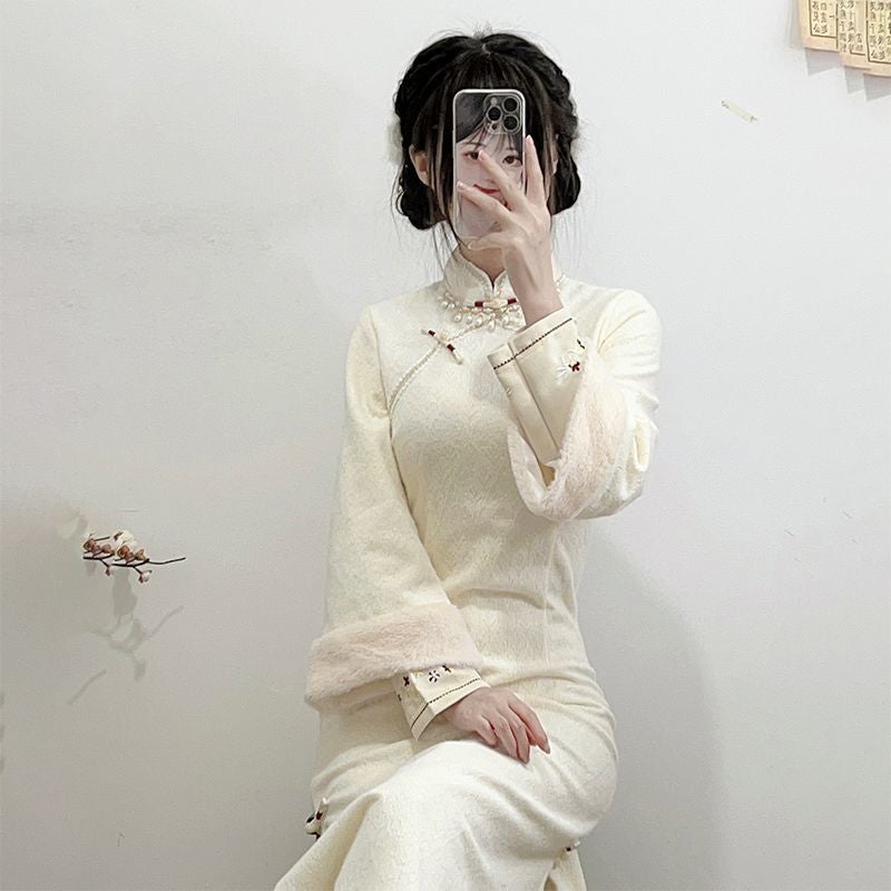 Republic Of China Style Retro New Chinese Cheongsam Improved Super Fairy Daily Wear Fake Two-Piece Velvet Thickened 2023 - Image 3