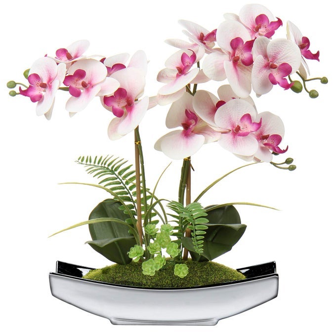 15 ARTIFICIAL PHALAENOPSIS FLOWERS ARRANGEMENT ARTIFICIAL ORCHID BONSAI IN SILVER POT FAKE FLOWERS SILK ORCHID FLOWER FOR TABLE CENTERPIECES LIVING ROOM HOME DCOR