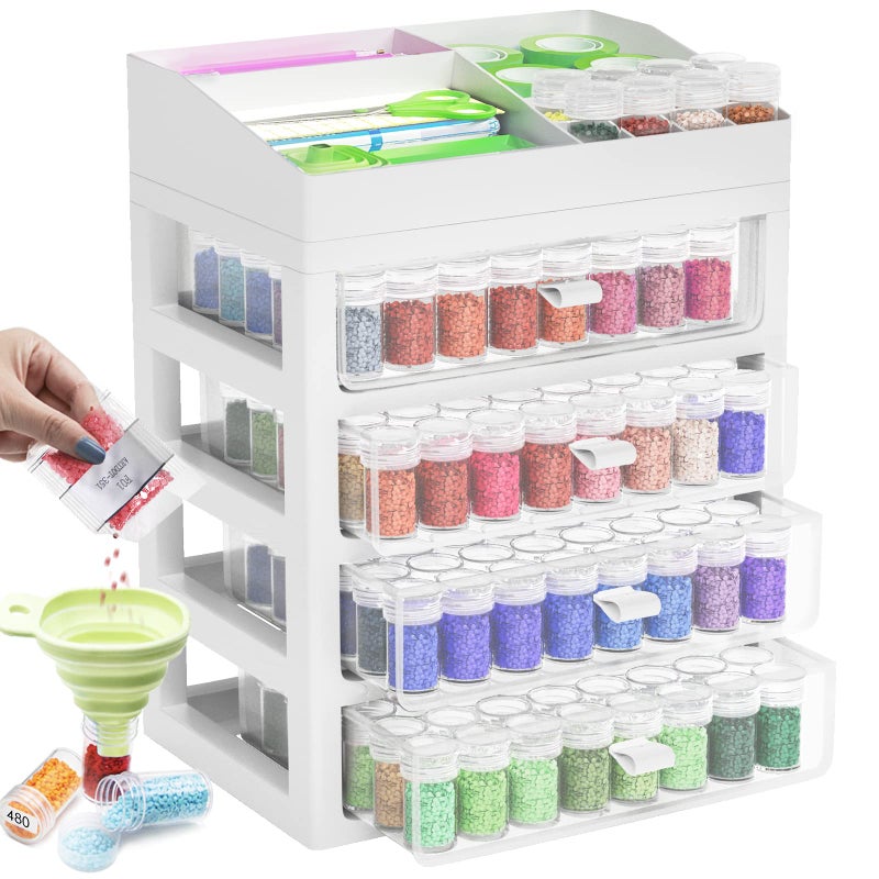ARTDOT Storage Containers for Diamond Painting Accessories Art Bead Organizer 4 Drawers with 192 Slots Storage Bottles and Diamond Painting Tools and Kits Rack with Funnel