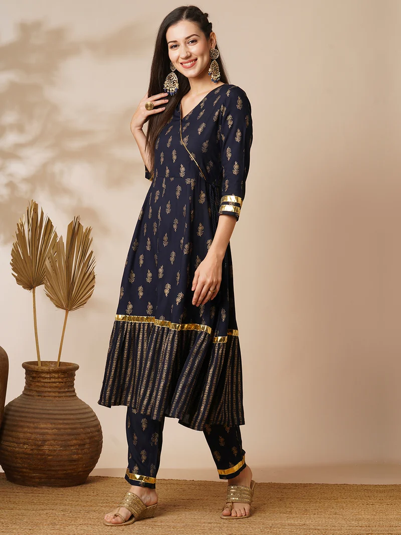 globus Women Navy Blue V-Neck Floral Printed Gotta Lace Angrakha Anarkali Kurta With Pants