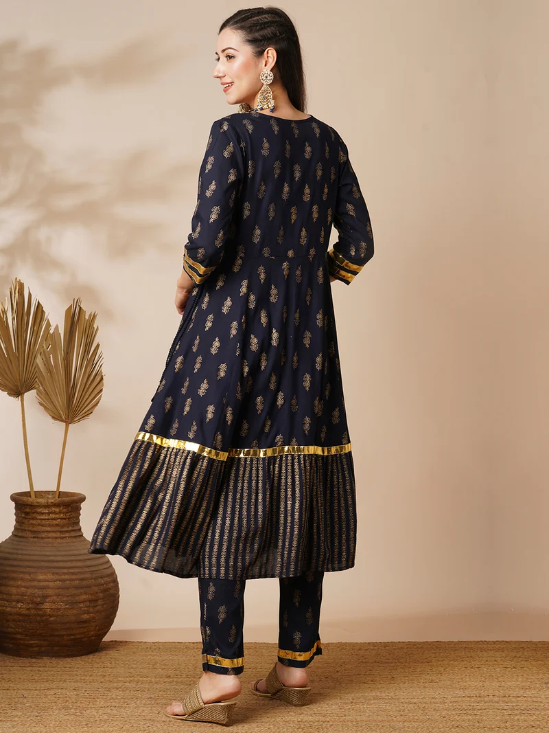 globus Women Navy Blue V-Neck Floral Printed Gotta Lace Angrakha Anarkali Kurta With Pants