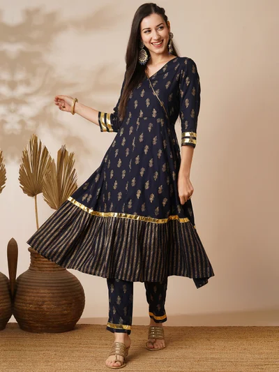 globus Women Navy Blue V-Neck Floral Printed Gotta Lace Angrakha Anarkali Kurta With Pants