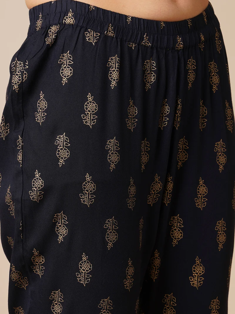 globus Women Navy Blue V-Neck Floral Printed Gotta Lace Angrakha Anarkali Kurta With Pants