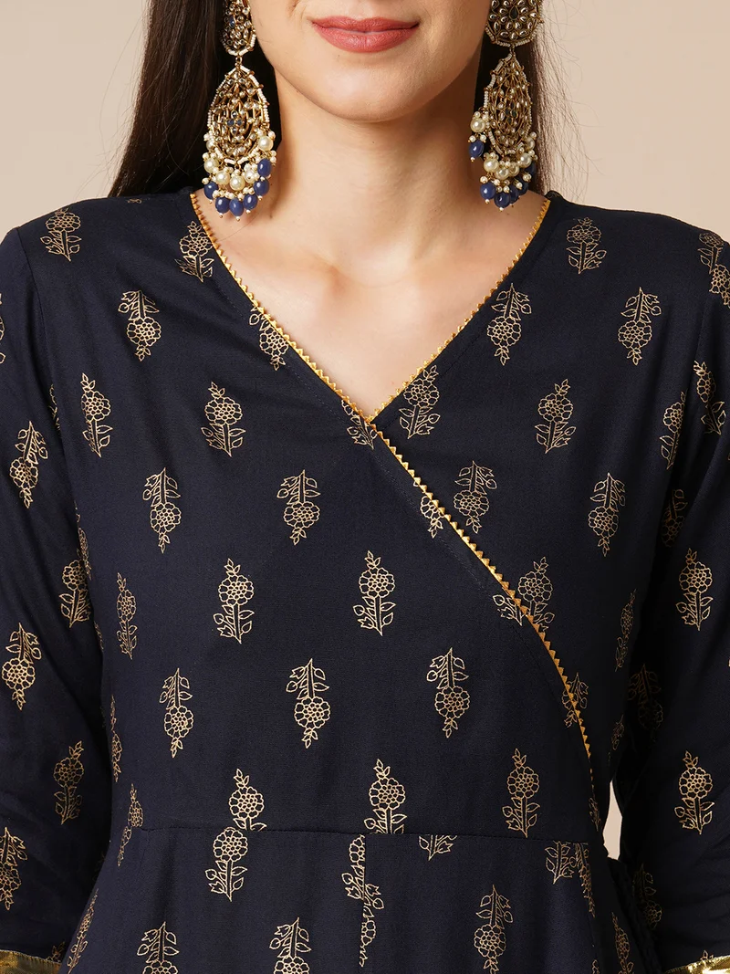 globus Women Navy Blue V-Neck Floral Printed Gotta Lace Angrakha Anarkali Kurta With Pants
