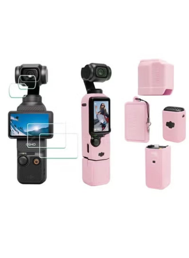 Pink Full Accessory Kit for DJI OSMO Pocket 3 – Silicone Protective Case with Anti-Slip Grip, 9H Tempered Glass Screen & Lens Protectors, Complete Camera Protection Set - Image 1