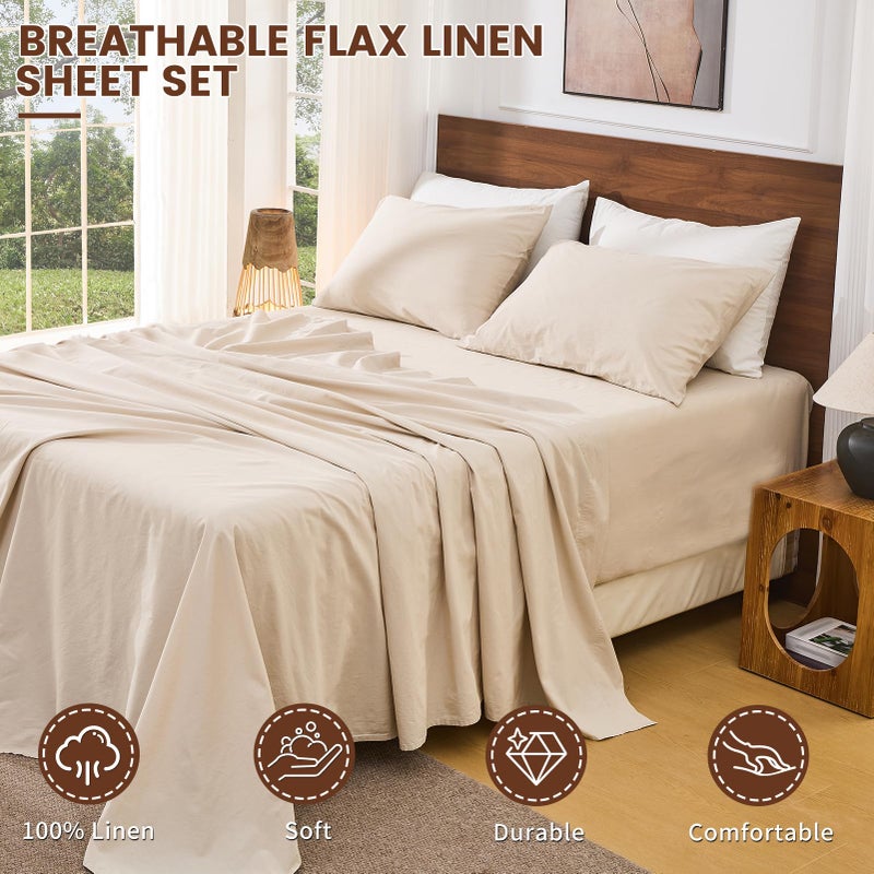 Bedlifes 100% French Linen Sheets Queen Size 18-24â€Extra Deep Pocket 4-Piece Set Breathable & Moisture-Wicking,Soft & Durable Sheets for Thick Mattresses(Linen) - Image 2