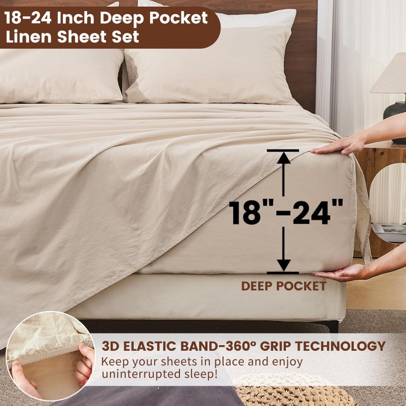 Bedlifes 100% French Linen Sheets Queen Size 18-24â€Extra Deep Pocket 4-Piece Set Breathable & Moisture-Wicking,Soft & Durable Sheets for Thick Mattresses(Linen) - Image 3