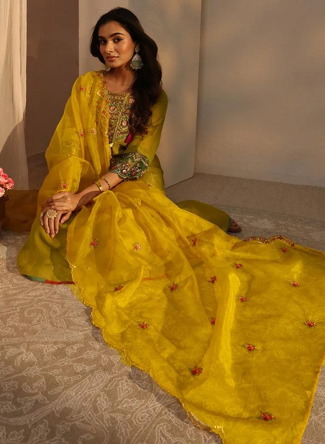 Libas Mustard Embroidered Organza A-Line Kurta with Trouser and Dupatta Set