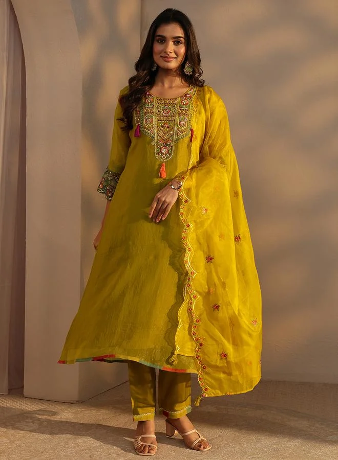Libas Mustard Embroidered Organza A-Line Kurta with Trouser and Dupatta Set