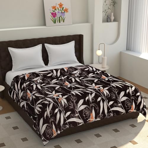 TIB® Warm Reversible Quilt Cover Double Bed with Zipper, Duvet Cover Double Bed Soft Flannel (90x100) Inches (Brown Flower) - Image 1