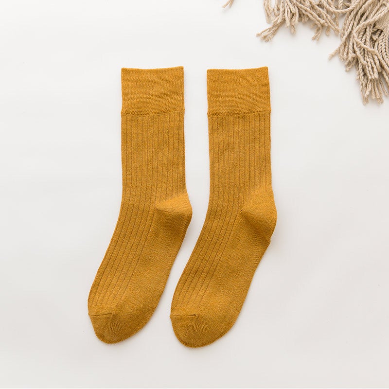 Vintage Pure Color Stripe Cotton Mid-Calf Socks Turmeric 