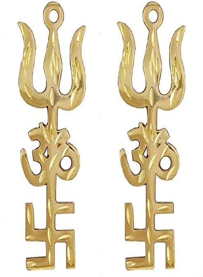 Nature Blaze Organic Herbs Pack of 2 Gold Plated Hindu Religious Tri Shakti - Trishul OM Aum, Swastik Swastika - Metal Hanging Home Décor 4 inch - Image 1