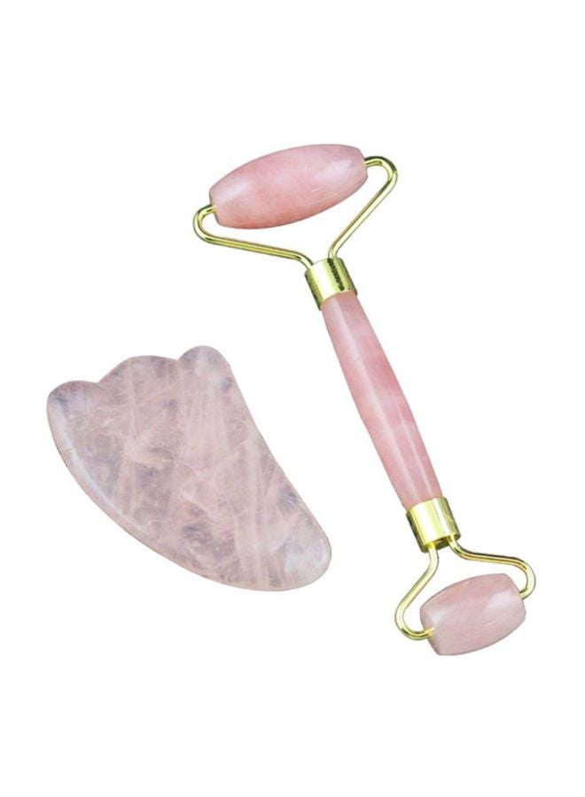 Loquat 2-Piece Quartz Roller Face Massager Set Pink/Gold - Image 1