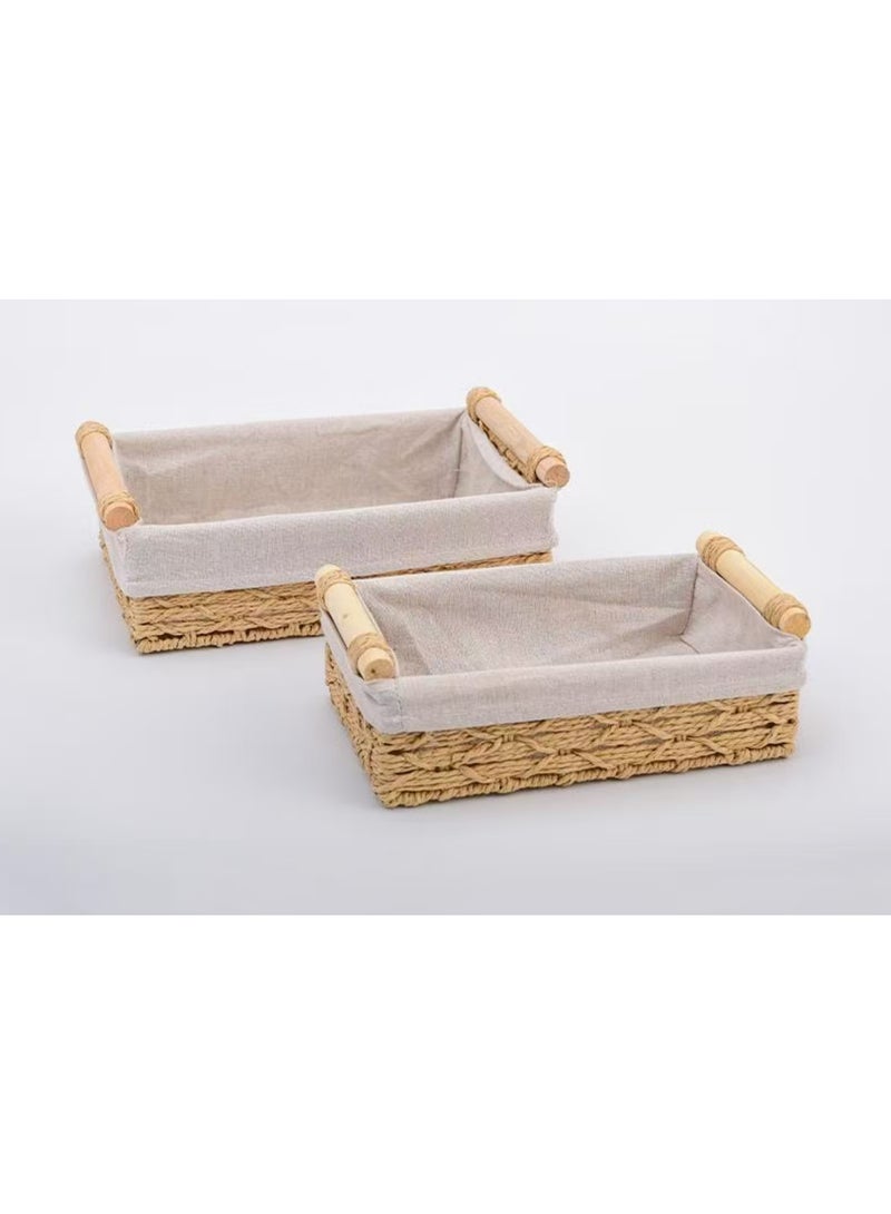 Desktop cosmetics, tissues, remote controls, keys, sundries, rattan woven with cloth and wooden handle storage basket size set: 30*20*10cm+25*15*8cm - Image 1