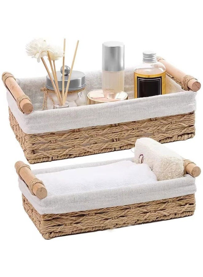 Desktop cosmetics, tissues, remote controls, keys, sundries, rattan woven with cloth and wooden handle storage basket size set: 30*20*10cm+25*15*8cm - Image 2