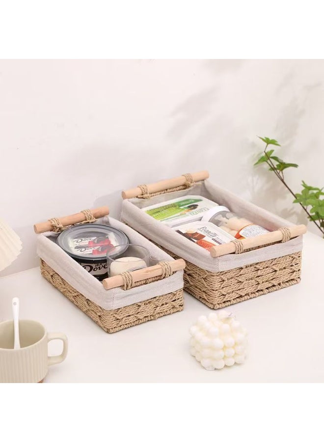 Desktop cosmetics, tissues, remote controls, keys, sundries, rattan woven with cloth and wooden handle storage basket size set: 30*20*10cm+25*15*8cm - Image 3