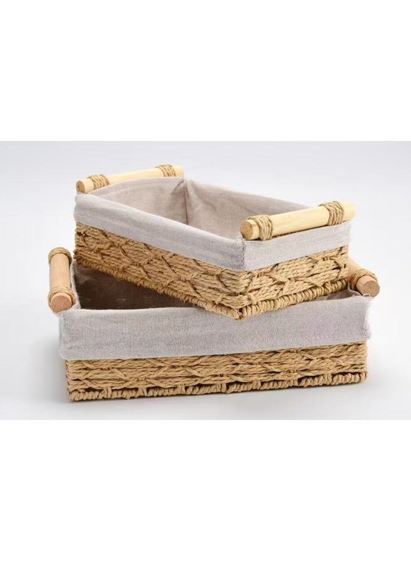 Desktop cosmetics, tissues, remote controls, keys, sundries, rattan woven with cloth and wooden handle storage basket size set: 30*20*10cm+25*15*8cm - Image 5